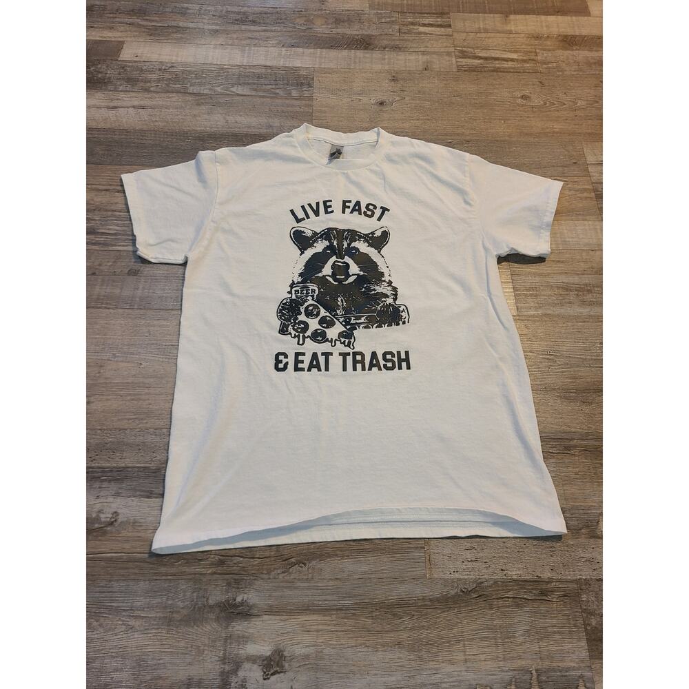 Gildan medium women's white "Live fast and eat trash" tee